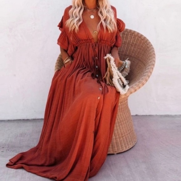 New Long Sienna Rust Maxi Gauze Dress - Picture 4 of 6